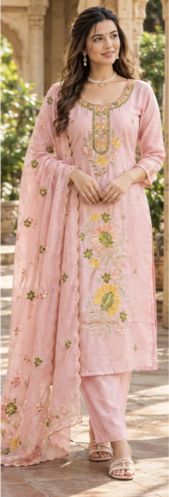 Women Premium Soft Piunk Mul Chanderi Embroidery Kurta Pant and Dupatta set