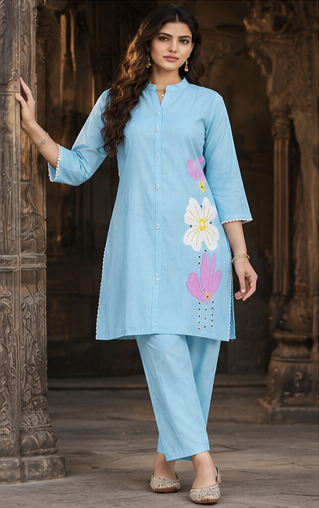 Women Premium Sky Blue Mul Chanderi Embroidery Kurta Pant set