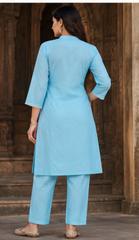 Women Premium Sky Blue Mul Chanderi Embroidery Kurta Pant set