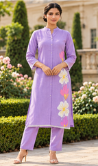 Women Premium Purple Mul Chanderi Embroidery Kurta Pant set