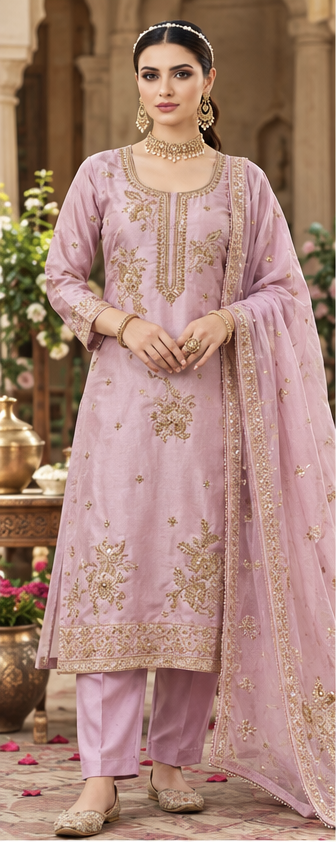 Women Premium Pastel Pink Embroidery Kurta Pant and Dupatta set