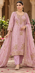 Women Premium Pastel Pink Embroidery Kurta Pant and Dupatta set