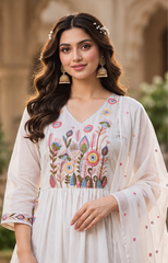 Women Premium White Mul Chanderi Embroidery Kurta Pant and Dupatta set