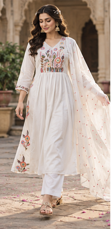 Women Premium White Mul Chanderi Embroidery Kurta Pant and Dupatta set