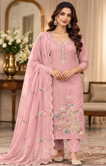 Women Premium Pink Mul Chanderi Embroidery Kurta Pant and Dupatta set