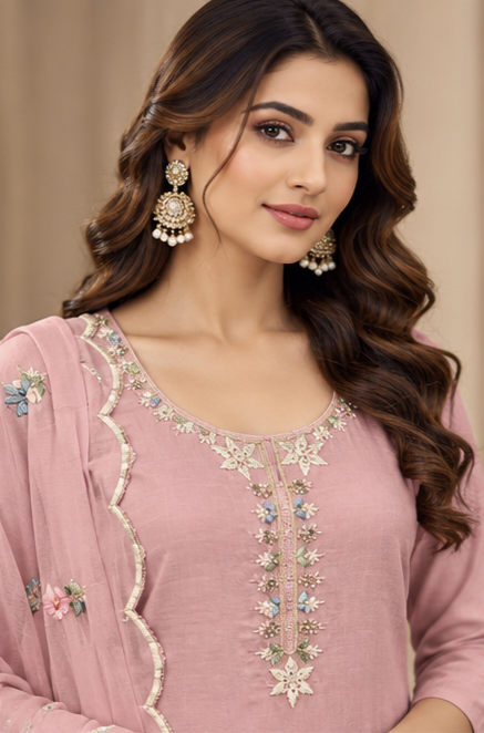 Women Premium Pink Mul Chanderi Embroidery Kurta Pant and Dupatta set