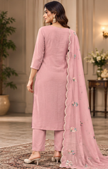 Women Premium Pink Mul Chanderi Embroidery Kurta Pant and Dupatta set