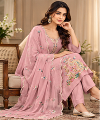 Women Premium Pink Mul Chanderi Embroidery Kurta Pant and Dupatta set