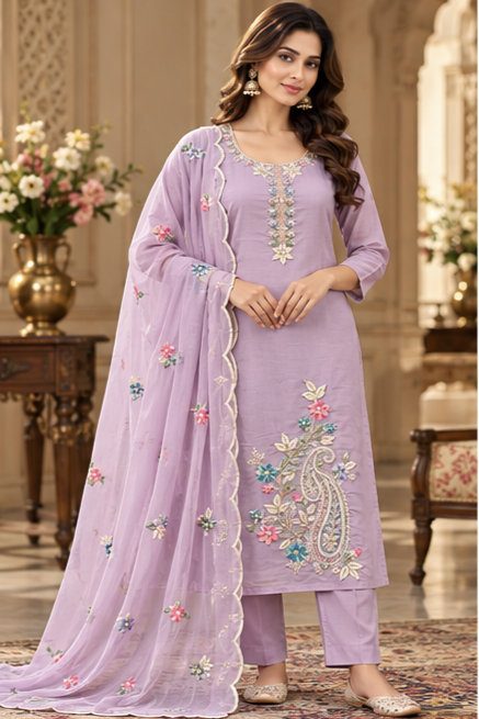 Women Premium Lavender Mul Chanderi Embroidery Kurta Pant and Dupatta set
