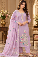 Women Premium Lavender Mul Chanderi Embroidery Kurta Pant and Dupatta set