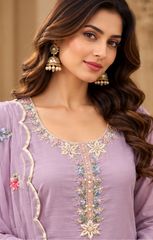Women Premium Lavender Mul Chanderi Embroidery Kurta Pant and Dupatta set