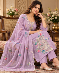 Women Premium Lavender Mul Chanderi Embroidery Kurta Pant and Dupatta set