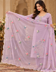 Women Premium Lavender Mul Chanderi Embroidery Kurta Pant and Dupatta set