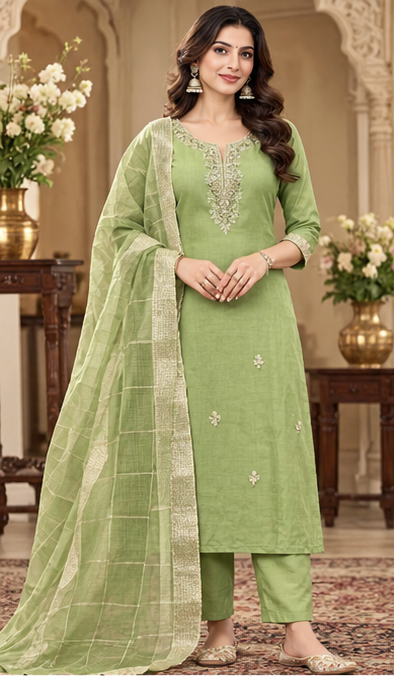 Women Premium Green Mul Chanderi Embroidery Kurta Pant and Dupatta set