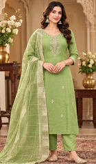 Women Premium Green Mul Chanderi Embroidery Kurta Pant and Dupatta set