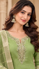 Women Premium Green Mul Chanderi Embroidery Kurta Pant and Dupatta set