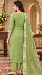 Women Premium Green Mul Chanderi Embroidery Kurta Pant and Dupatta set