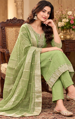 Women Premium Green Mul Chanderi Embroidery Kurta Pant and Dupatta set