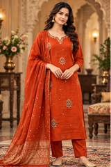 Women Premium Rust Roman Silk Embroidery Kurta Pant and Dupatta set