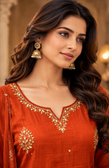 Women Premium Rust Roman Silk Embroidery Kurta Pant and Dupatta set