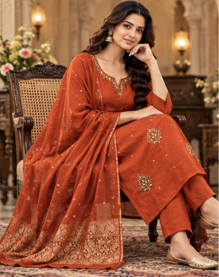 Women Premium Rust Roman Silk Embroidery Kurta Pant and Dupatta set
