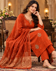 Women Premium Rust Roman Silk Embroidery Kurta Pant and Dupatta set
