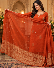 Women Premium Rust Roman Silk Embroidery Kurta Pant and Dupatta set