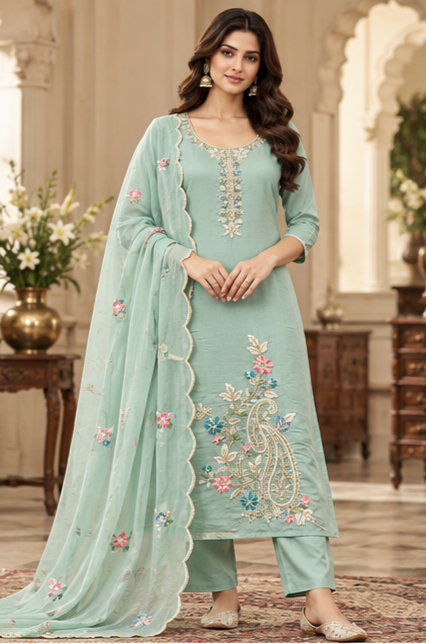Women Premium Sky Mul Chanderi Embroidery Kurta Pant and Dupatta set