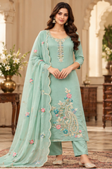 Women Premium Sky Mul Chanderi Embroidery Kurta Pant and Dupatta set