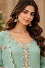 Women Premium Sky Mul Chanderi Embroidery Kurta Pant and Dupatta set