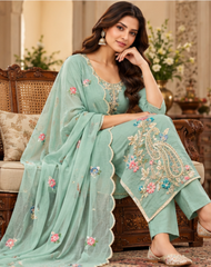 Women Premium Sky Mul Chanderi Embroidery Kurta Pant and Dupatta set