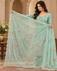 Women Premium Sky Mul Chanderi Embroidery Kurta Pant and Dupatta set