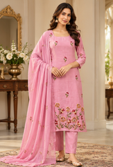 Women Premium Carnation Pink Mul Chanderi Embroidery Kurta Pant and Dupatta set