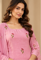 Women Premium Carnation Pink Mul Chanderi Embroidery Kurta Pant and Dupatta set