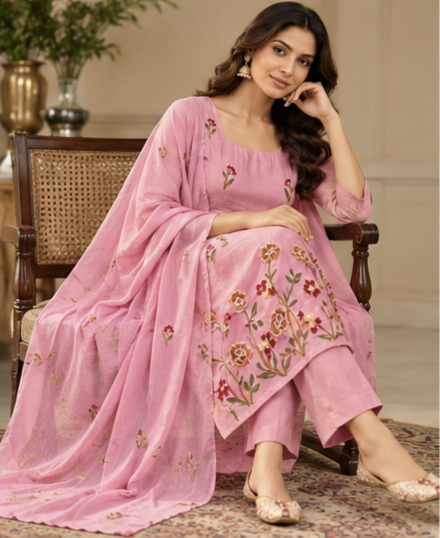 Women Premium Carnation Pink Mul Chanderi Embroidery Kurta Pant and Dupatta set