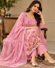 Women Premium Carnation Pink Mul Chanderi Embroidery Kurta Pant and Dupatta set