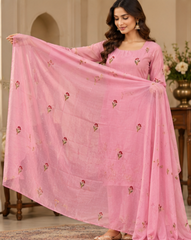 Women Premium Carnation Pink Mul Chanderi Embroidery Kurta Pant and Dupatta set