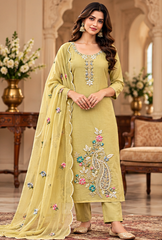 Women Premium Buff Mul Chanderi Embroidery Kurta Pant and Dupatta set