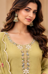 Women Premium Buff Mul Chanderi Embroidery Kurta Pant and Dupatta set