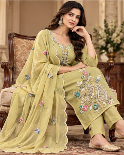 Women Premium Buff Mul Chanderi Embroidery Kurta Pant and Dupatta set