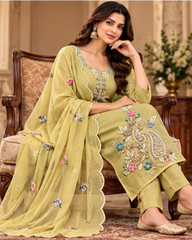 Women Premium Buff Mul Chanderi Embroidery Kurta Pant and Dupatta set