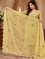 Women Premium Buff Mul Chanderi Embroidery Kurta Pant and Dupatta set