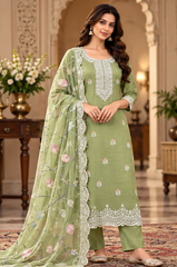 Women Premium Pista Mul Chanderi Embroidery Kurta Pant and Dupatta set
