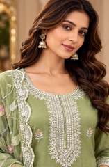 Women Premium Pista Mul Chanderi Embroidery Kurta Pant and Dupatta set