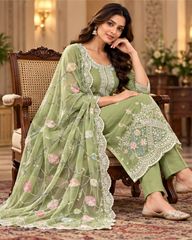 Women Premium Pista Mul Chanderi Embroidery Kurta Pant and Dupatta set