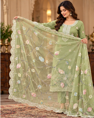 Women Premium Pista Mul Chanderi Embroidery Kurta Pant and Dupatta set