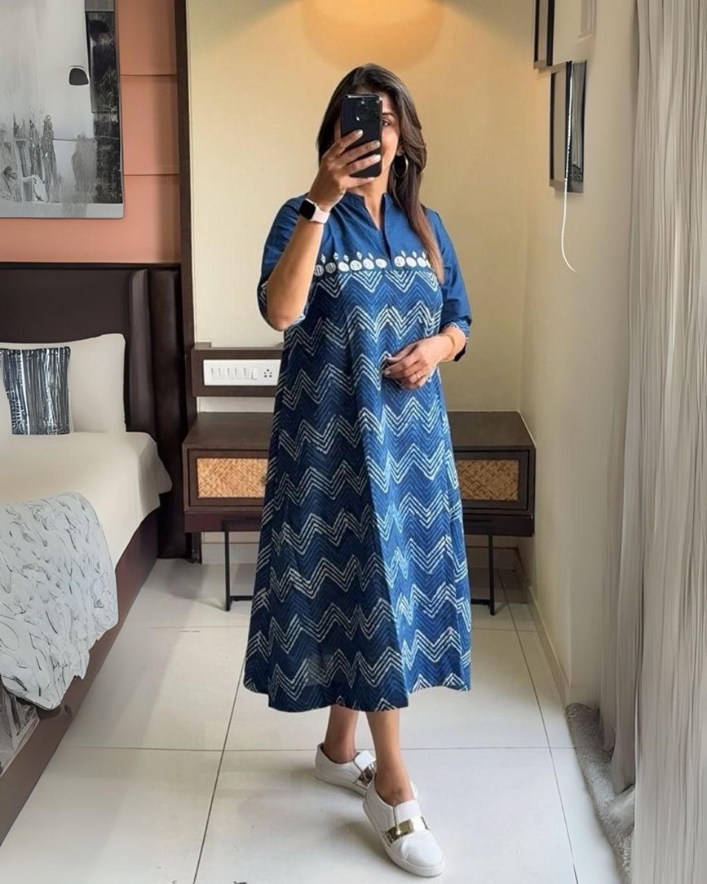 Women Blue Wave Cotton Middi Gown