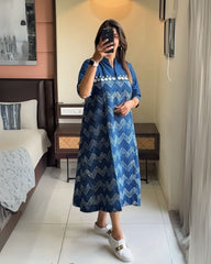 Women Blue Wave Cotton Middi Gown