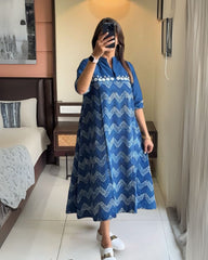 Women Blue Wave Cotton Middi Gown