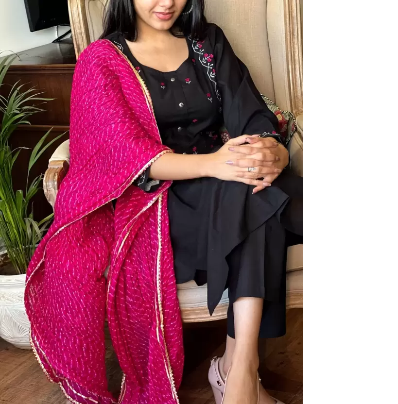 Trending Cotton Black Kurta Pant and Dupatta set